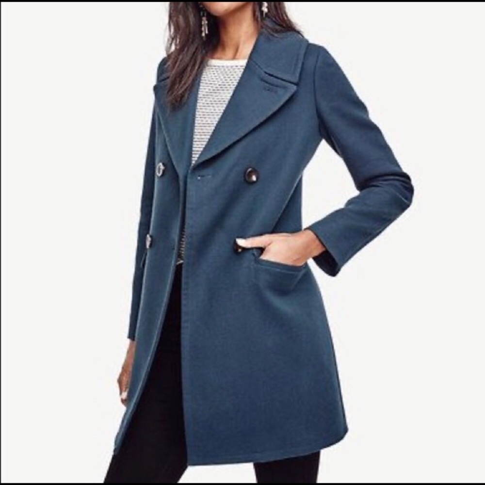 Ann Taylor Blue Cotton Twill Double Breasted Coat